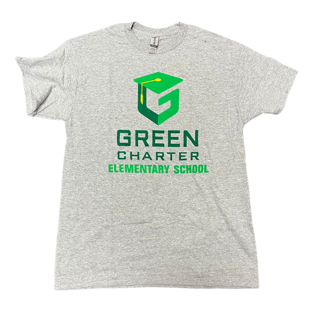 Adult Grey "GREEN Charter Elementary School" Logo T-shirt - Clearance Design - SOLD IN PERSON ONLY @ GREENVILLE ELEMENTARY CAMPUS