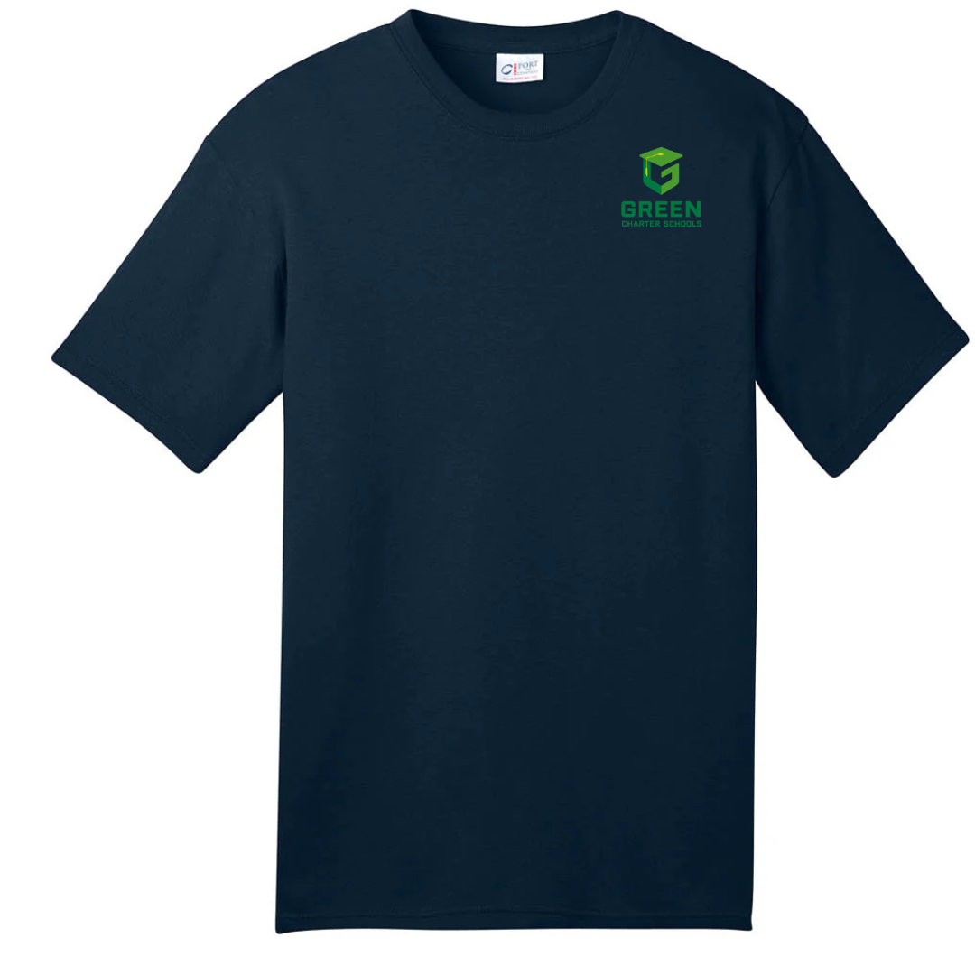 Adult Short Sleeve Navy Left Chest "GREEN Charter Schools" - Clearance Design - SOLD IN PERSON ONLY @ MIDLANDS CAMPUS