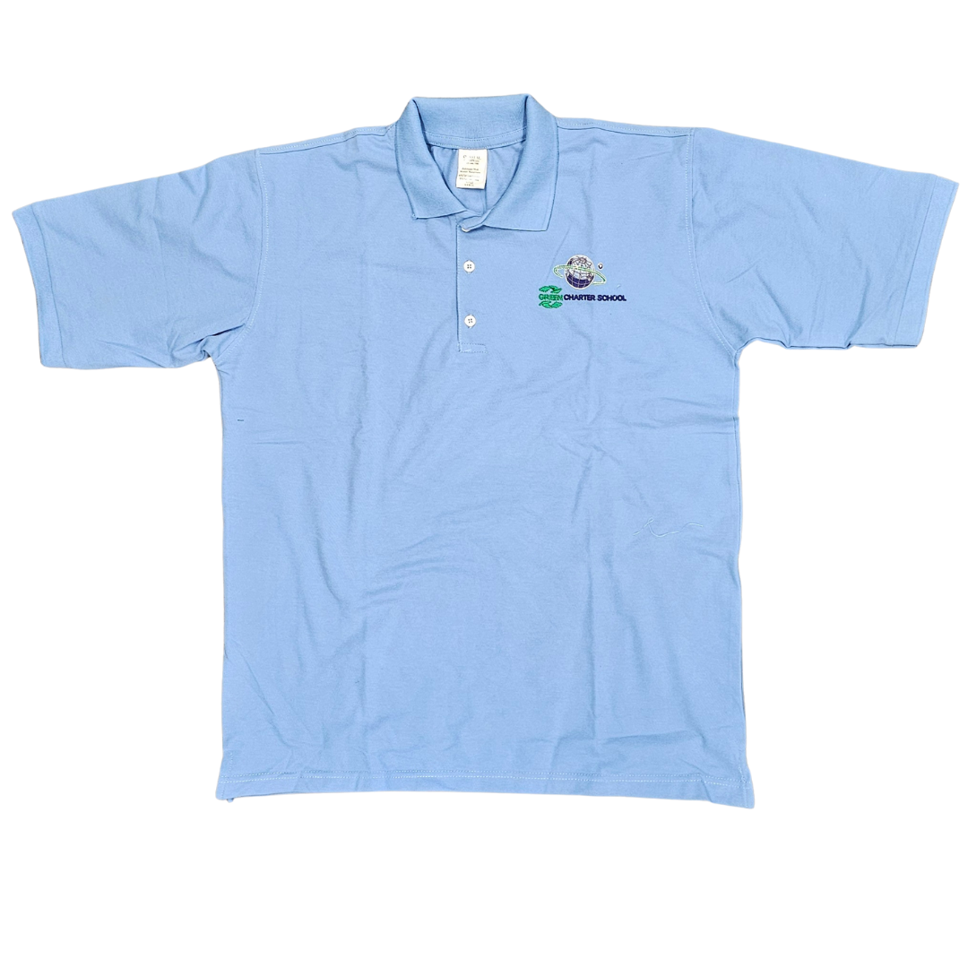 Adult Interlock Polo Light Blue Globe - Clearance Design - SOLD IN PERSON ONLY @ GREENVILLE MIDDLE CAMPUS