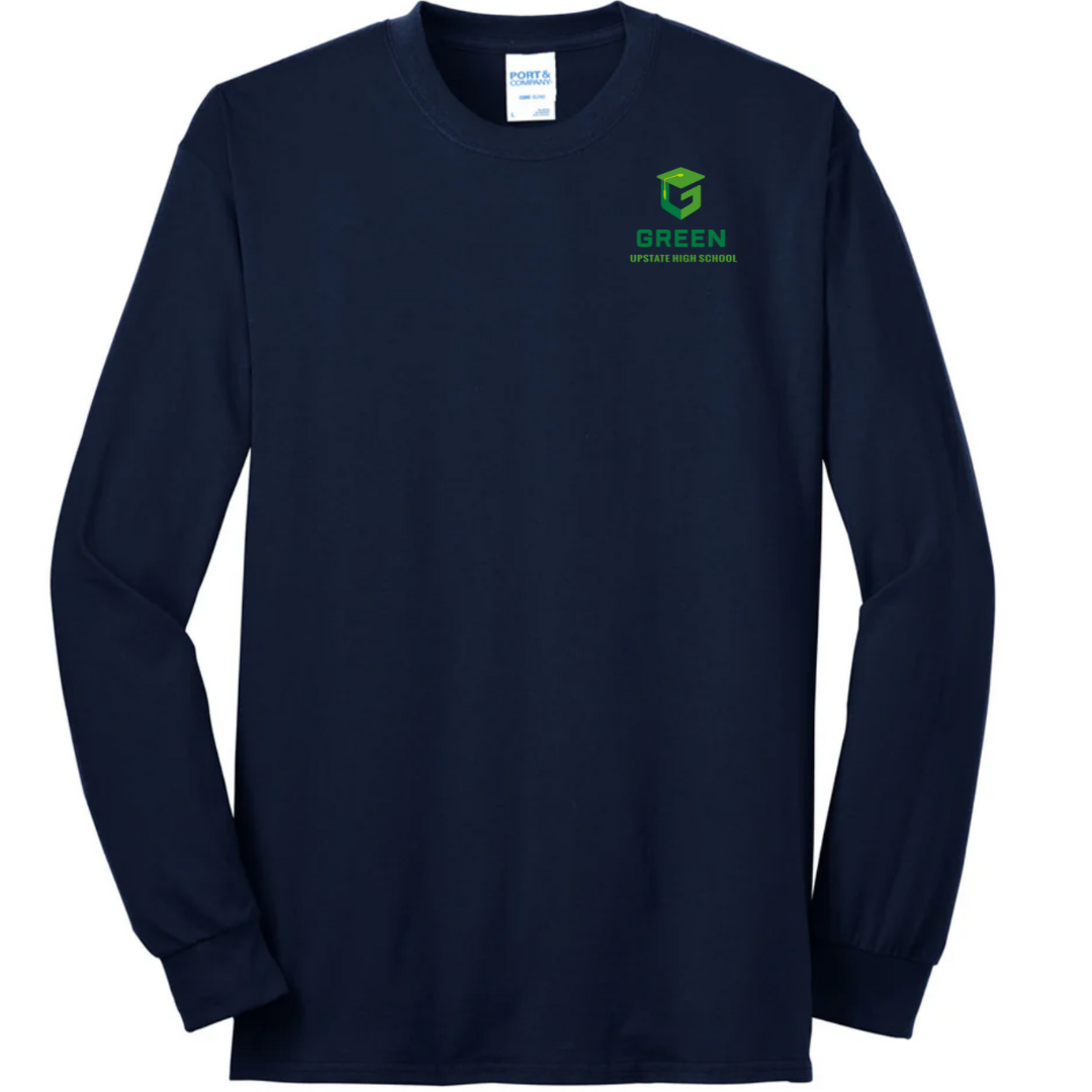 Adult Long Sleeve Navy Left Chest "GREEN Upstate High School" - Clearance Design - SOLD IN PERSON ONLY @ GUHS CAMPUS